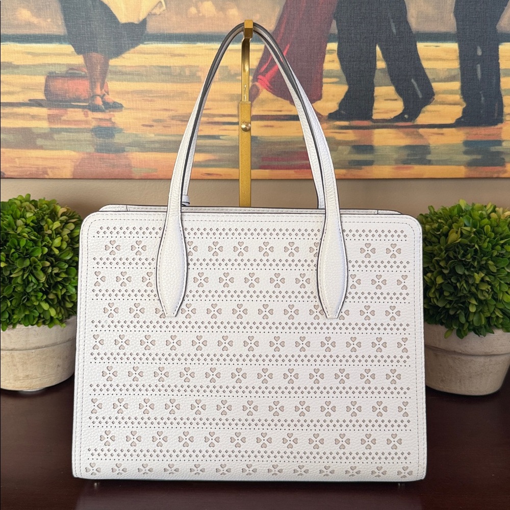 KATE SPADE ♠️ New York 🤍Rowe🤍 WHITE PERFORATED TOP ZIP SATCHEL BAG 🌟EUC🌟 - Picture 6 of 17